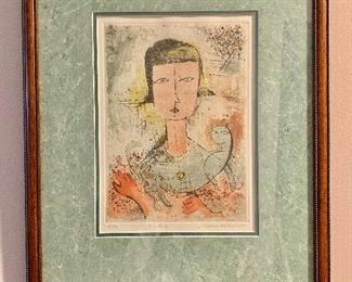$225 - Junesuke Watarai (Japanese b. 1936) Girl with cat signed print, framed; 18" H x 14.5" W
