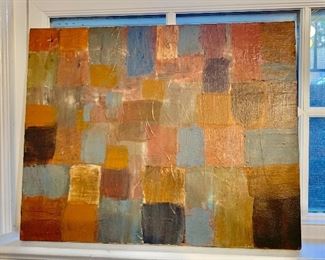 $40 - Vintage color block painting on canvas, #1 metallic, unsigned; 20" x 16"