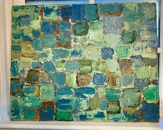 $40 - Vintage color block painting on canvas, #2 blue/green, unsigned; 20" x 16"