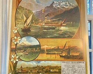 $30 - Reproduction Lac Leman vintage travel poster, mounted; 27.5" H x 19.5" W