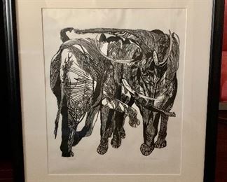 $95 - Jacob Landau, "Elephants" 49/100 print; as is, some foxing on the paper; 29.5" H x 24.5" W