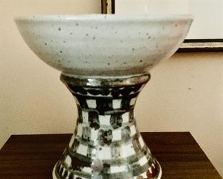 $95 - Handmade ceramic pedestal bowl; 9" H, 9" diameter