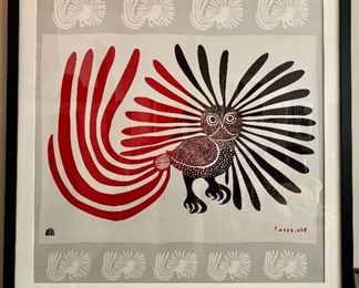 $295 - Kenojuak Ashevek (1927-2013) “Enchanted Owl” signed silk scarf; mounted and framed; 39" H x 39" W