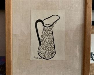 $65 - Judith Shahn pitcher on paper, framed; 12" H x 9" W