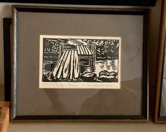 $195 - Unichi Hiratsuka woodblock print "Wooden Bridge in Mishima" 10" H x 11.5" W