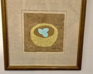 $125 - Judith Shahn (American 1929-2009) Cape Code Artist; bird's nest print; 16.5" H x 16.5" W