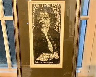 $165 - John Lochtefeld, "JS Bach" woodblock print, framed; 19.5" H x 12.5" W