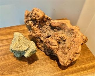 $20 - Decorative brown knotty wood 8 in. W x 5 1/4 in. H x 4 1/2in; $10 - deep and greenish stone 5 in . W x 2 in. H x 2 1/2 in deep