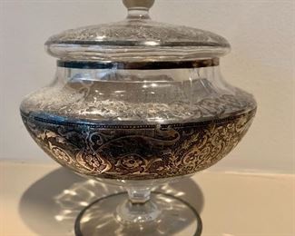 $45 - Pedestal lidded jar with silver overlay; 6.5" H, 6" diameter - as is - small cracks