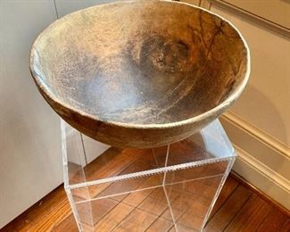 $150 - Vintage carved wood bowl with metal staples; 6.5" H x 13" diameter