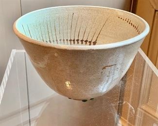 $60 - Smaller handmade ceramic bowl #2 signed 'Petrus' with design on inside; 5" H x 7.5" diameter