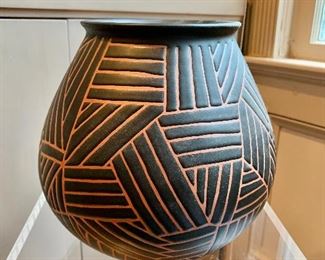 $75 - Glazed terra cotta vase signed Caa Mbyo, made in Cameroon; 9" H x 9" diameter