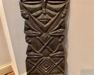 $120 - Carved wood panel, face and small figures #2; 37" H x 12" W
