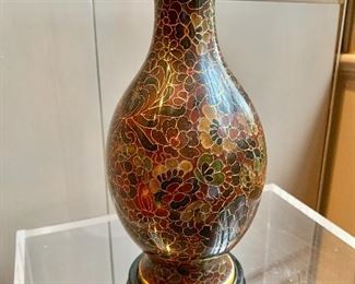 $45 - Jewel tone cloisonne vase with stand; 8.5" H