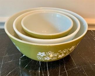 $30 - Vintage set of three Pyrex mixing bowls; 8 1/2 in. diameter of largest