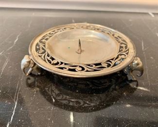 $30 - Silver candle stand with three elephant feet; fits 2 1/2 in. candle; entire diameter 4 in.
