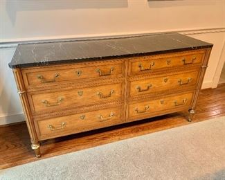 $450 - AS IS - Six drawer Baker furniture buffet with marble top; large crack in marble top; one handle pull has been replaced - 62 in. L x 32 1/2 in. H x 20 1/2 in. deep