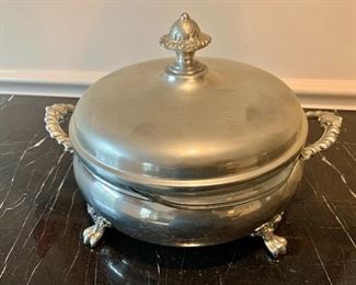 $45 - Colonial pewter lidded server by Boardman with two quart pyrex insert; 12 in. diameter including handles