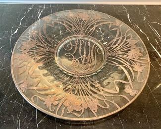 $40 - Sterling silver overlay monogrammed (MRE) glass platter; 14 in. diameter