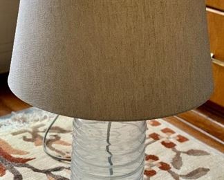 $75 - Vintage lamp with glass base, tested and working; 24.5" total height, 16" diameter shade