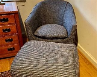 $350 - MCM Silpcovered Dunbar barrel back lounge chair ottoman; chair is 31" H x 28" W x 27" D, seat height is approx 18"