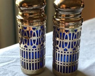 Cobalt blue glass and silver salt and pepper shakers