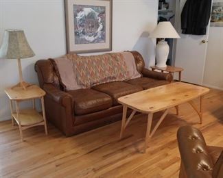 brown  sofa, custom  made coffee table, end tables, lamps    Tables  are  sold.  MAKE  OFFER  ON  SOFA.