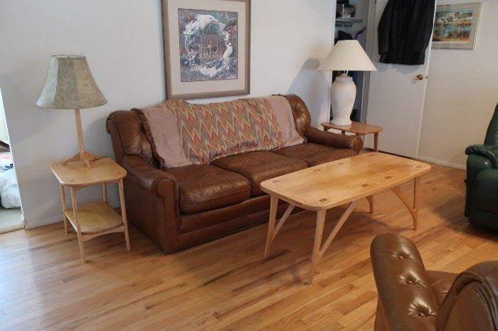 brown  sofa, custom  made coffee table, end tables, lamps    Tables  are  sold.  MAKE  OFFER  ON  SOFA.