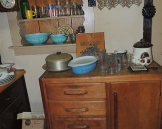 deco cabinet, assorted vintage kitchen items