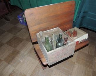 vintagr school desk, bottles