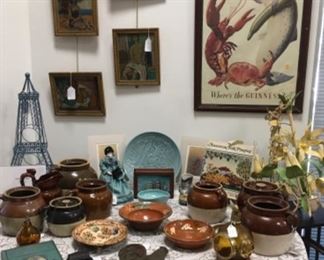 Americana brown jug pottery; Transylvanian redware that recalls Pennsylvania Dutch slipware; trivets; two sea prints by Harry Parker