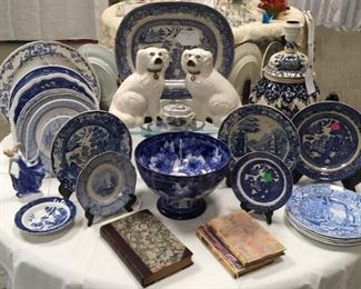 Blue and white ware, primarily English; some from late 1700's; several Toby mugs; A D Nove (Italian) 15" ginger jar lamp; couple pieces quite old Delft and a few rare books