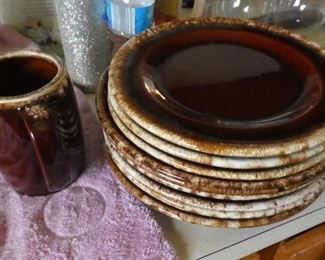 Antique Hull Pottery brown drip plates and mugs