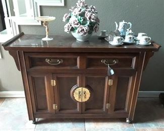 Mid size Asian design side board, Capidomonte roses, interesting compote (see next photo for closeup) and after dinner coffee or tea service.