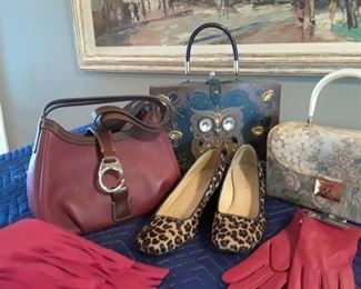 Doony & Burk handbag, Collins "Owl", and pastel tapestry bag. Leopard shoes size 7, Talbot. Red gloves still have tag. New fringed scarf. Examples of clothing and shoes. Must see.