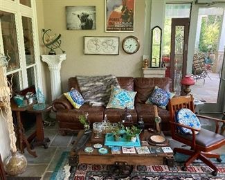 Leather sofa, RR trolley (coffee table), one of pair of leaded glass sidelights