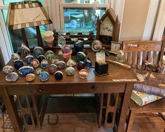 Mission oak library table, Steeple clock, Paperweight collection