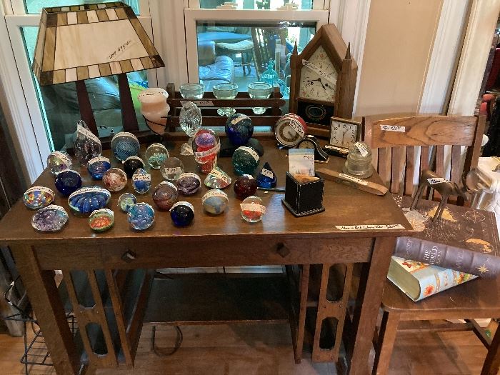 Mission oak library table, Steeple clock, Paperweight collection