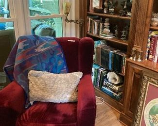 Wingback chair, Pendleton blanket, books