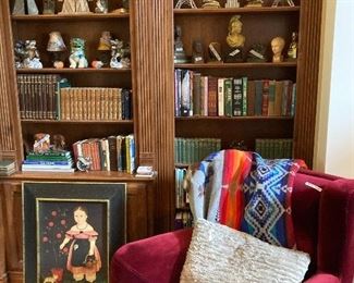 Books, wing-back chair, Pendleton blanket