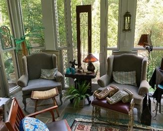 Pair wing-back chairs, brass bench,