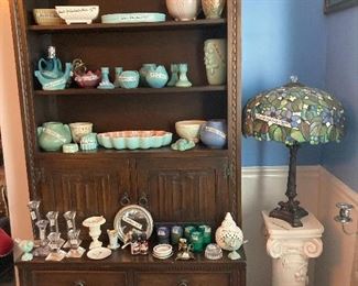 Pottery—VanBriggle, Brush Mc Coy, Catalina, Roseville, English Arts & Crafts hutch, Tiffany-Style lamp