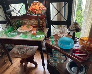 Wood & glass screen, English washstand, depression glass, Spode