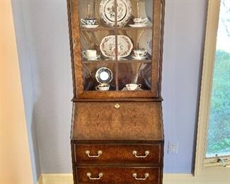 $495 - Vintage Jasper Cabinet, burlwood secretary/display - 76"L; 27"W; 16"D