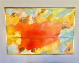 $695  - M. Perley signed  Large abstract oil on canvas painting  "Excelsior" - 30"H; 45.5"W