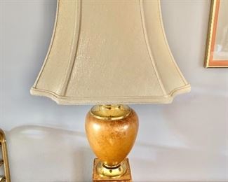 $125 - Wood and leather table lamp.  31.5"H; 17"Diam