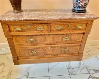 $525 - Vintage burlwood chest with marble top - 31"H; 48"W; 21"D