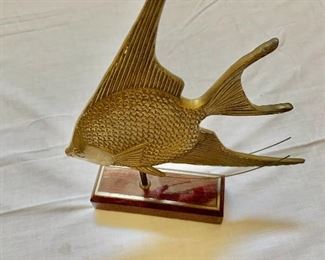 $35 - Brass fish on stand ( AS IS some wear on fin) #1.  9"H; 8"W; 2"D