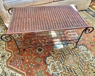 $250 - Wicker coffee table with iron shelf and legs.   16"H; 40"W; 20"D