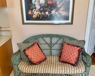 Room view.  $150 Loveseat:  30"H; 50"W; 27"D.  $10 Pillows each: 10"x10".  $120 - Floral print: 33"H; 41"W